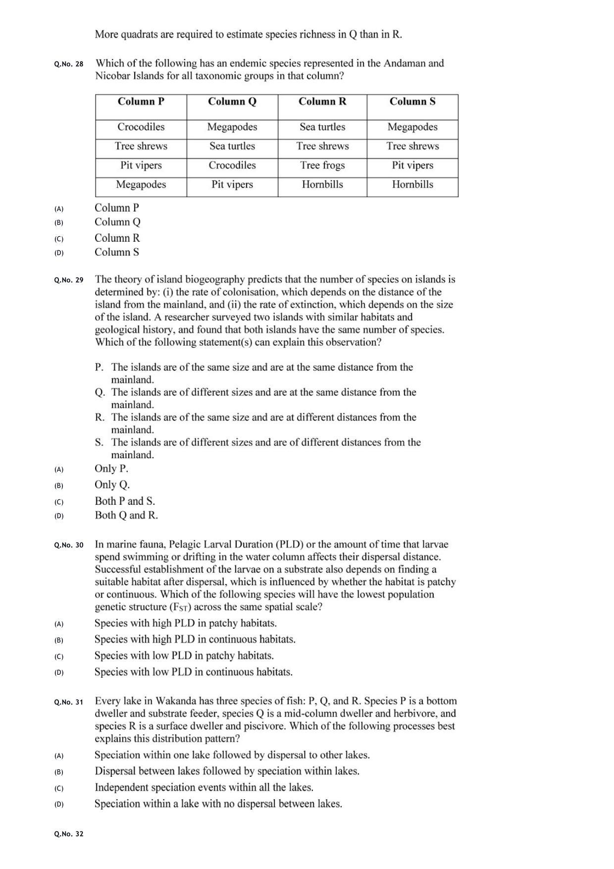GATE 2020 Ecology and Evolution (EY) Question Paper - Page 8
