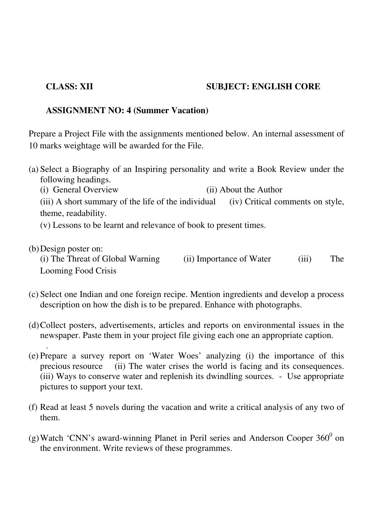 CBSE Class 12 English Core Assignment 4 - Page 1