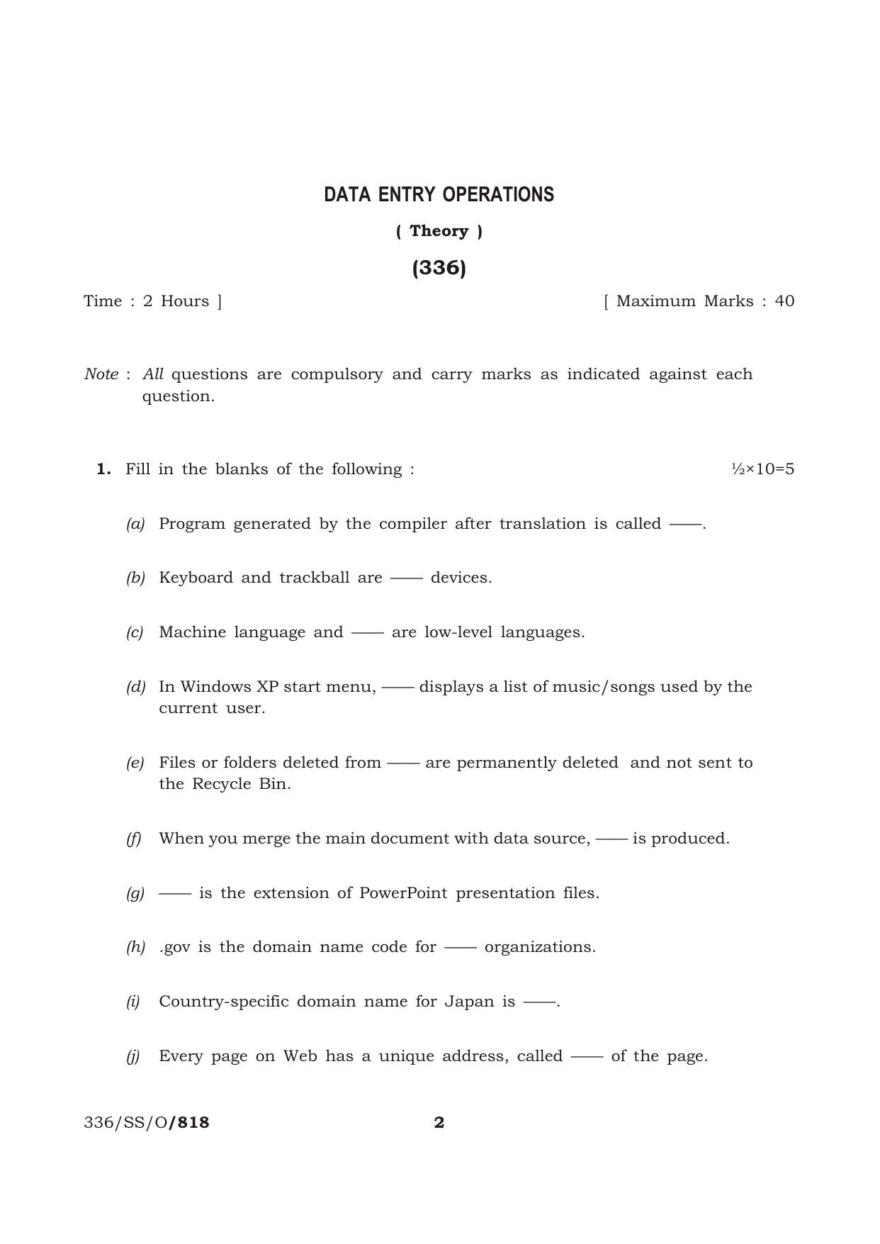 NIOS October 2014 Class 12 Data Entry Operation Question Paper - Page 2