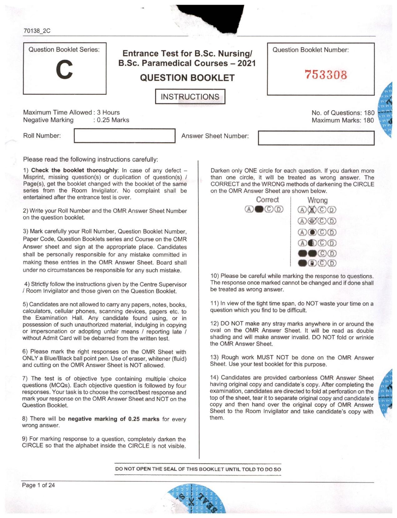 JKBOPEE B.Sc Nursing 2021 Question Papers - Page 1