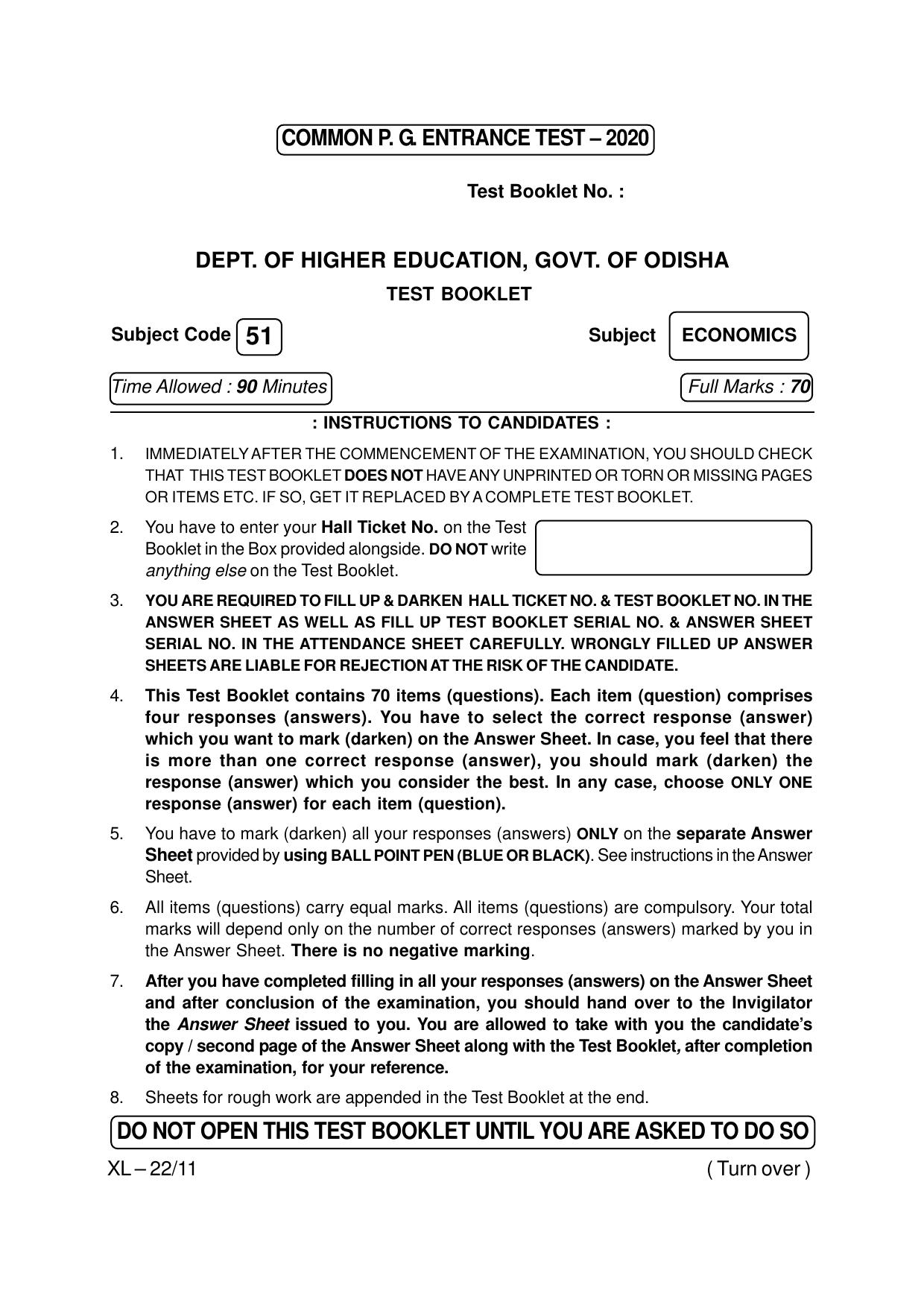Odisha CPET ECONOMICS 2020 Question Paper - Page 1
