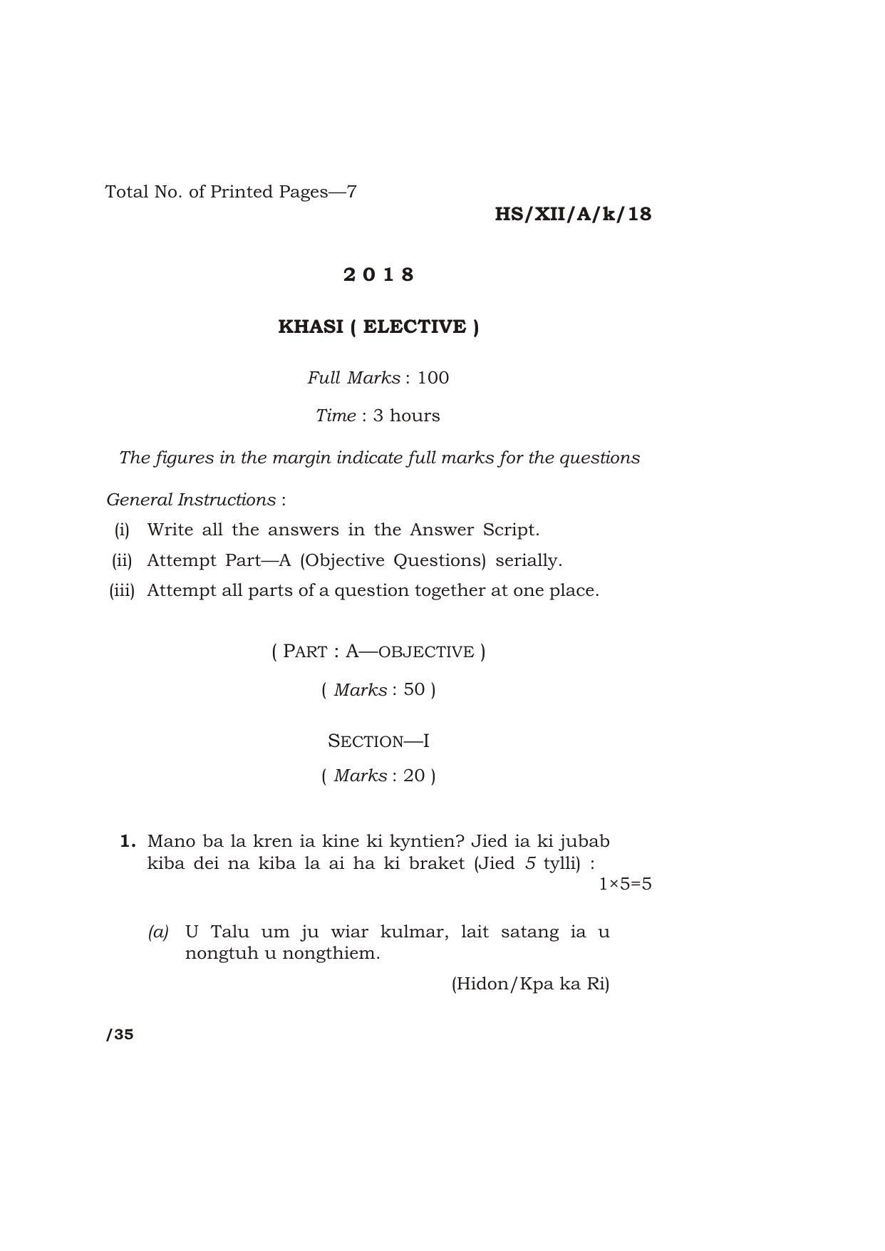 Meghalaya Board (MBOSE) Class 12 KHASI ( ELECTIVE ) 2018 Question Paper - Page 1