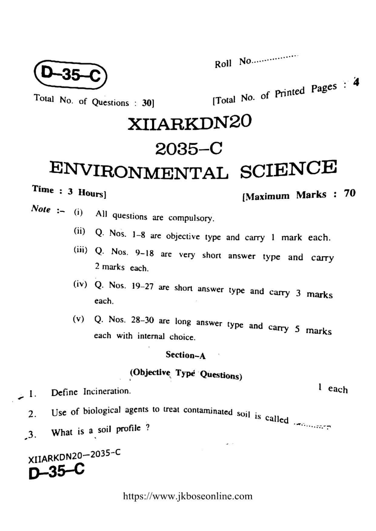 JKBOSE Class 12 Environmental-Science 2035-C Question Papers 2020 - Page 1
