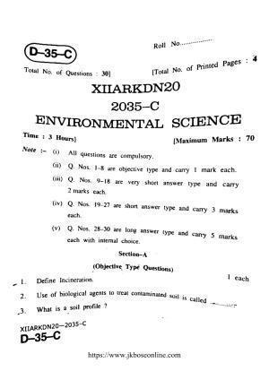 JKBOSE Class 12 Environmental-Science 2035-C Question Papers 2020