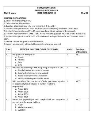 CBSE Class 12 Home Science Sample Paper 2024