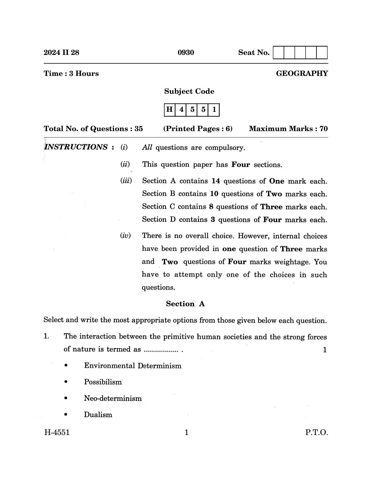 Goa Board Class 12 Geography (March 2024) Question Paper - Page 1