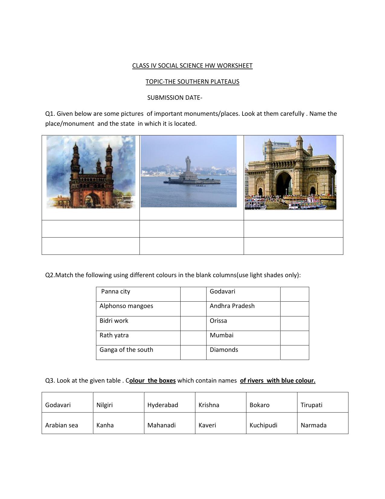 Worksheet for Class 4 Social Science The Southern Plateaus Assignment 1 - Page 1