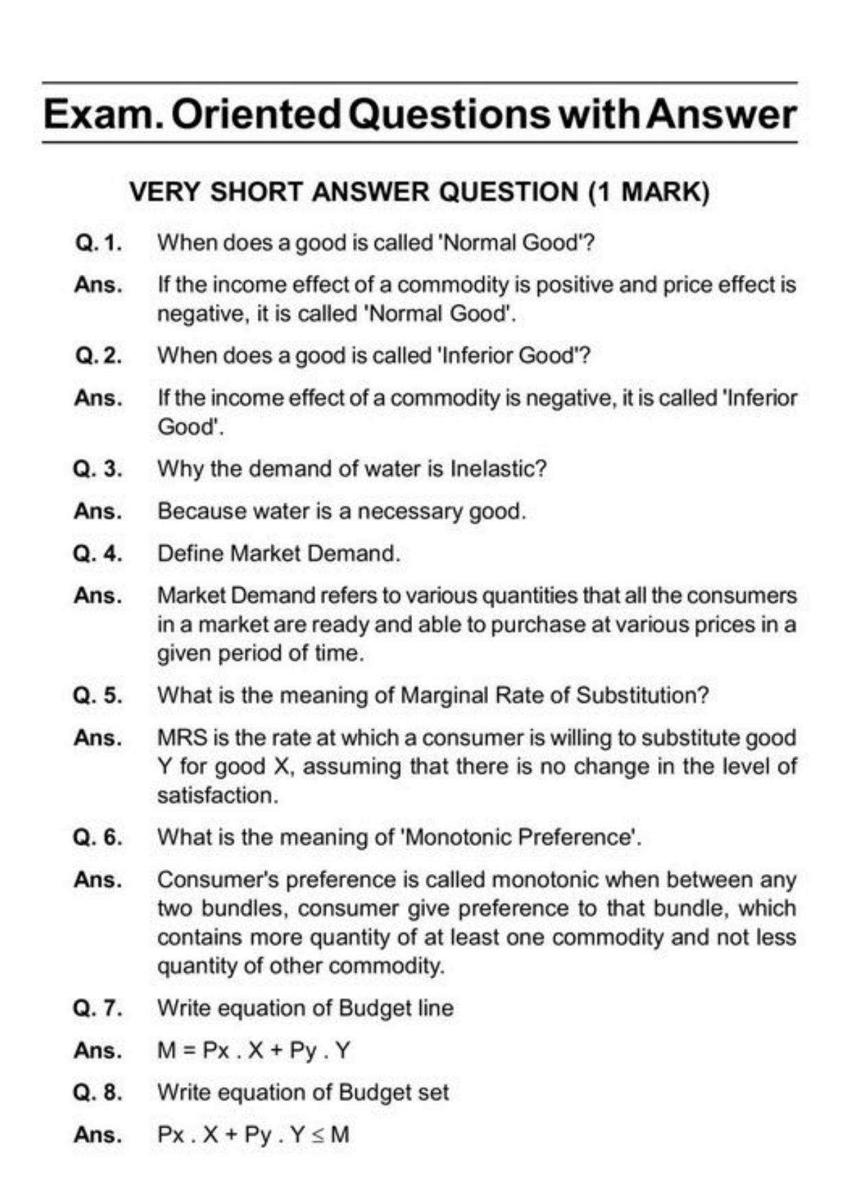 Class 11 Notes, Question & Practice Paper - Economics (Topic 2(B) : Consumers Equilibrium and Demand) - Page 17