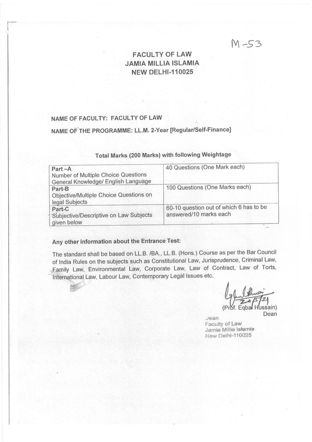 JMI Entrance Exam M53-LLM (Regular)/LLM(Self Finance) Syllabus - Page 1