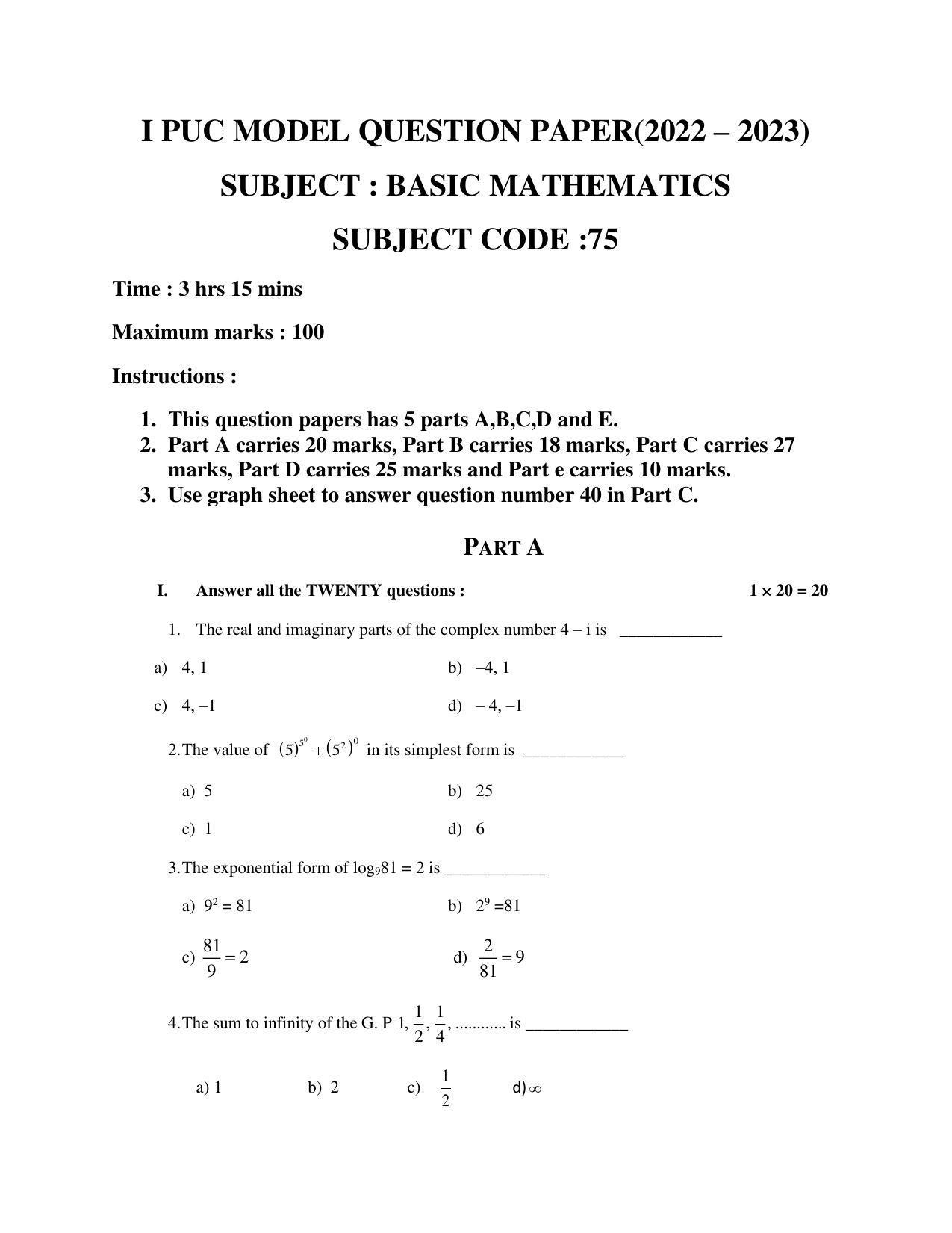 Karnataka 1st PUC BASIC MATHS Model Question Paper - Page 2