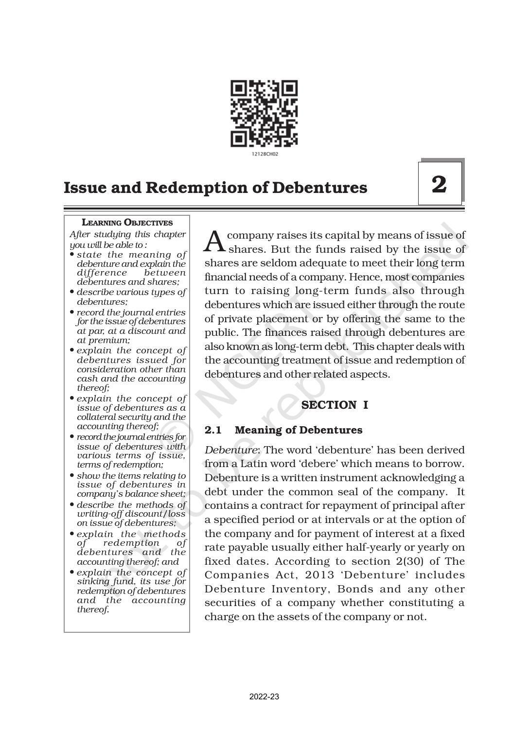 NCERT Book for Class 12 Accountancy Part II Chapter 1 Issue and Redemption of Debentures - Page 1