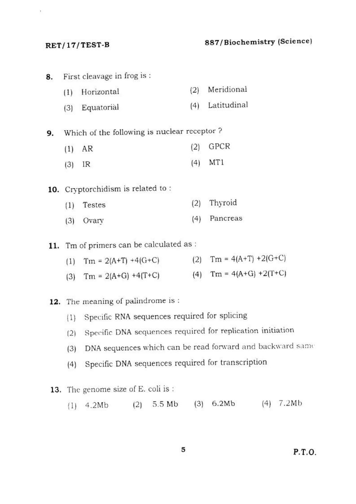 BHU RET BIOCHEMISTRY SCIENCE 2017 Question Paper - Page 6
