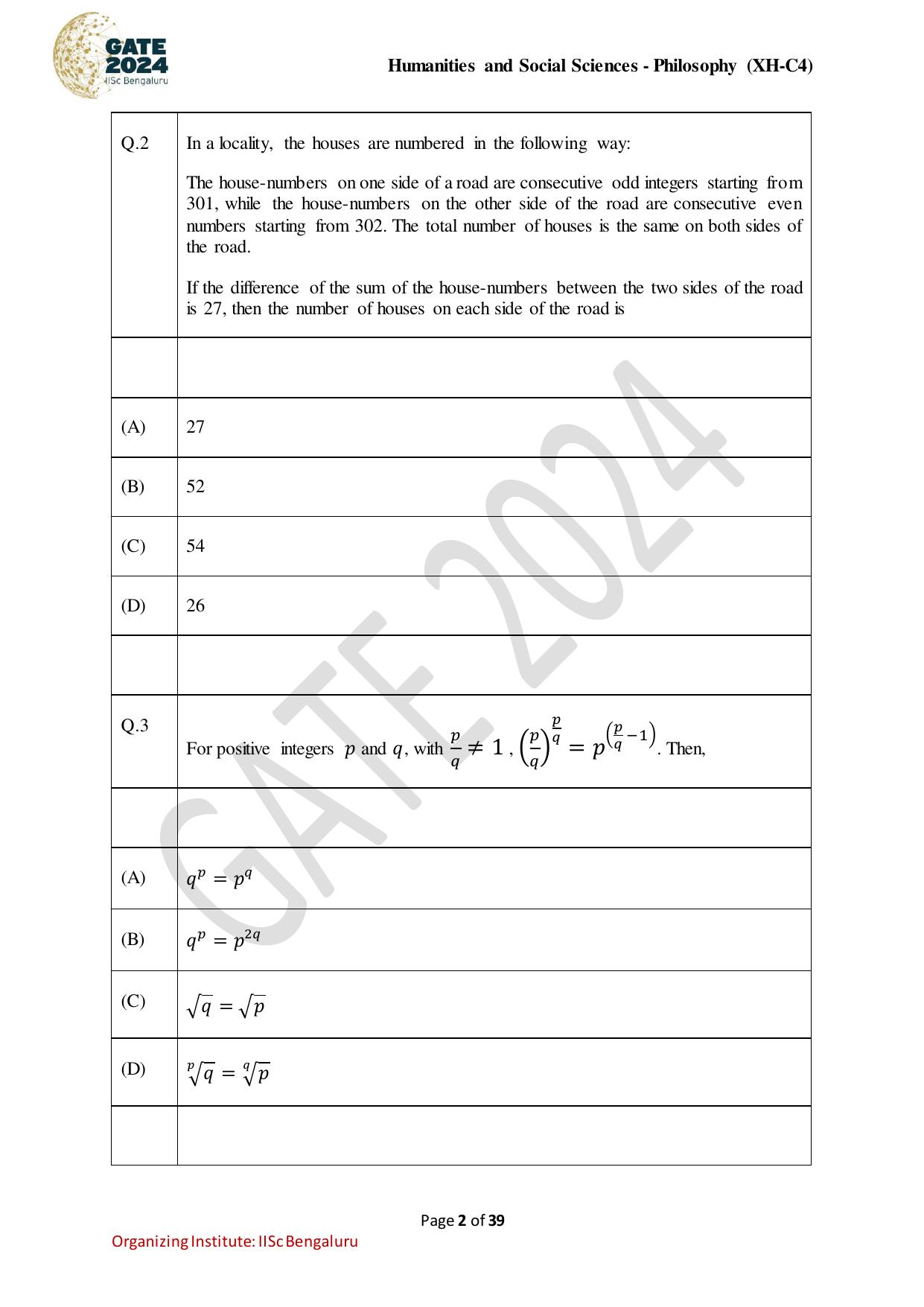 GATE 2024 Humanities & Social Sciences - Philosophy (XH-C4) Question Paper - Page 2