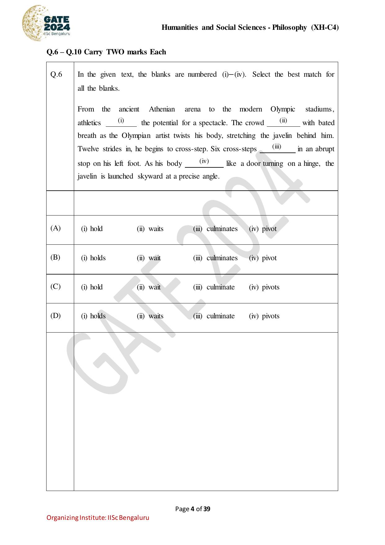 GATE 2024 Humanities & Social Sciences - Philosophy (XH-C4) Question Paper - Page 4