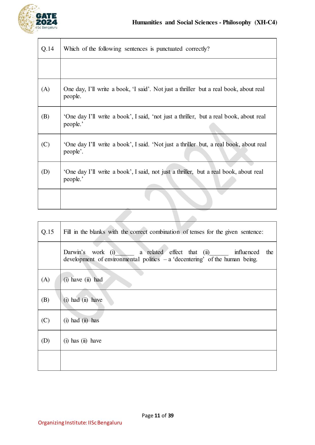 GATE 2024 Humanities & Social Sciences - Philosophy (XH-C4) Question Paper - Page 11