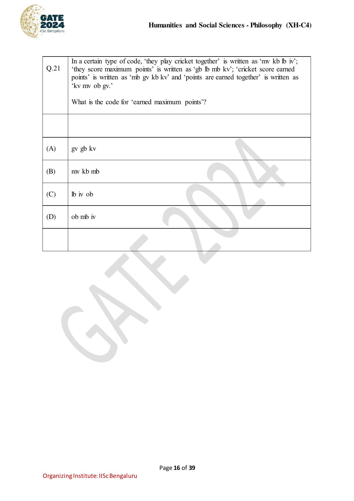 GATE 2024 Humanities & Social Sciences - Philosophy (XH-C4) Question Paper - Page 16