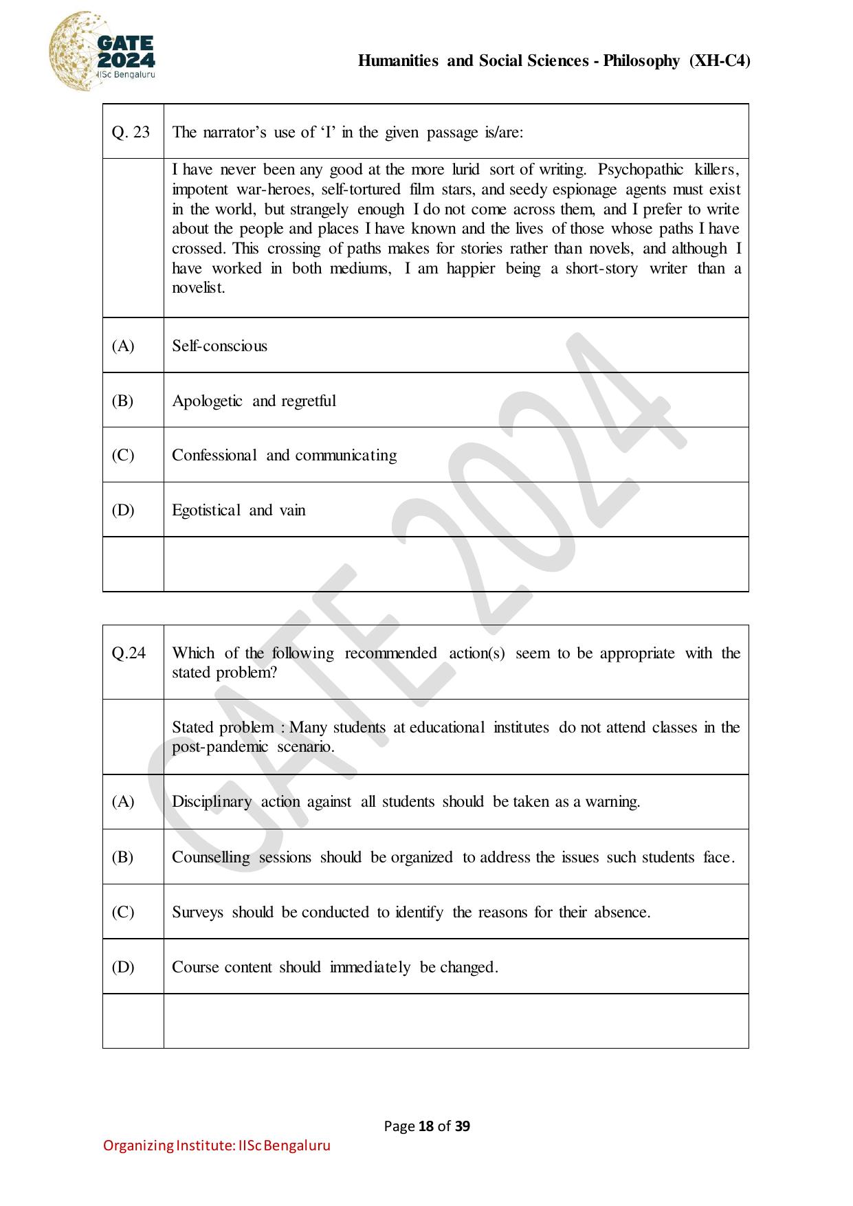 GATE 2024 Humanities & Social Sciences - Philosophy (XH-C4) Question Paper - Page 18