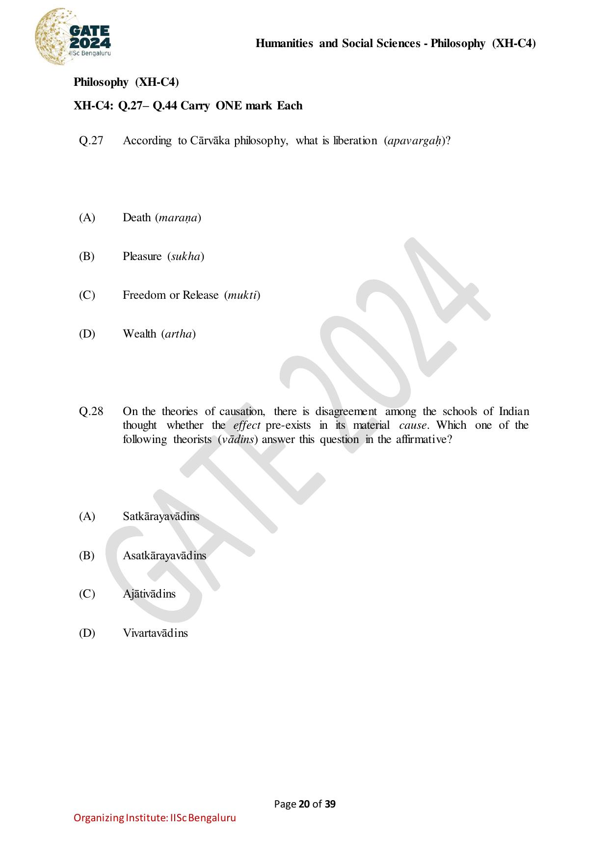 GATE 2024 Humanities & Social Sciences - Philosophy (XH-C4) Question Paper - Page 20