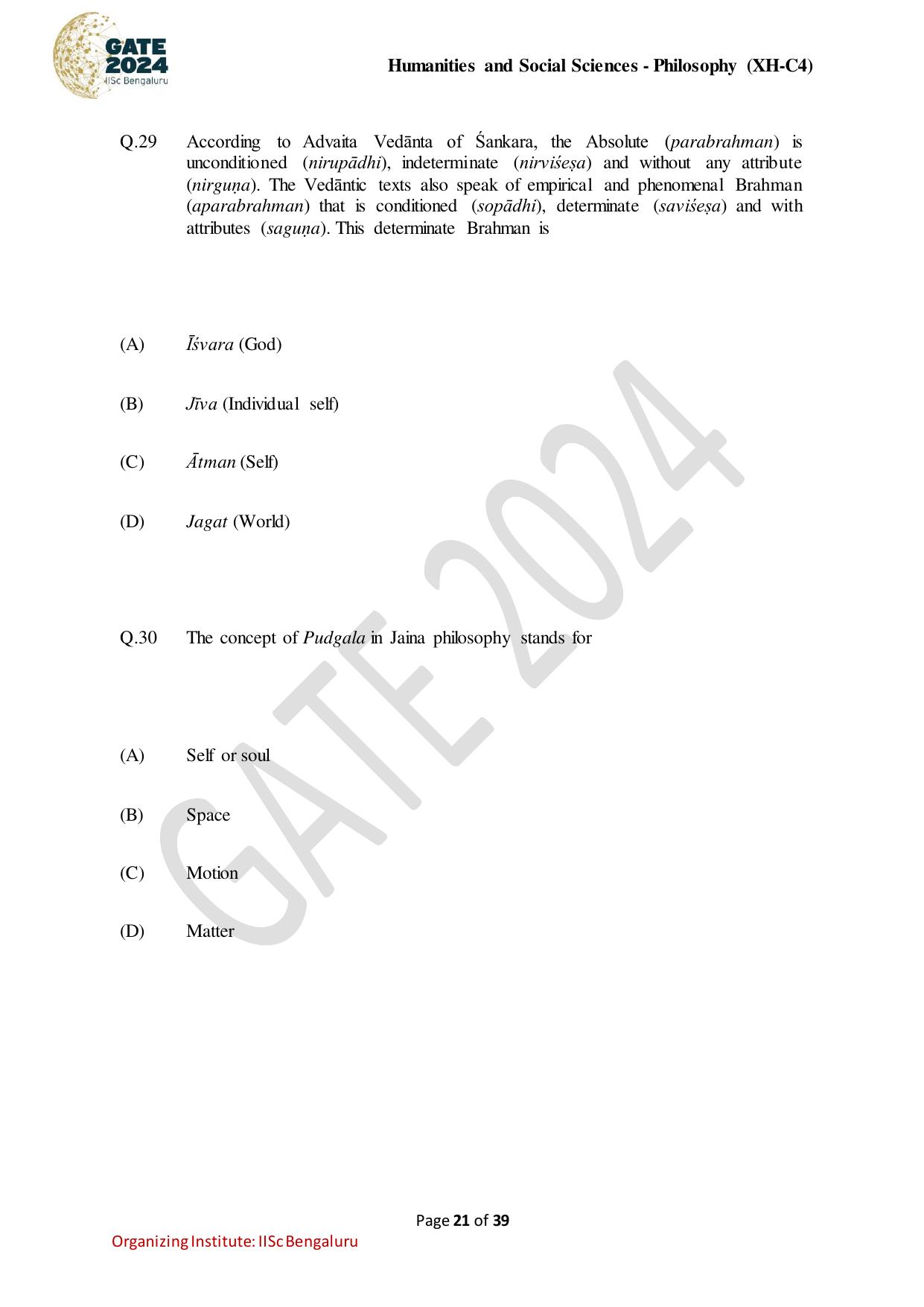 GATE 2024 Humanities & Social Sciences - Philosophy (XH-C4) Question Paper - Page 21
