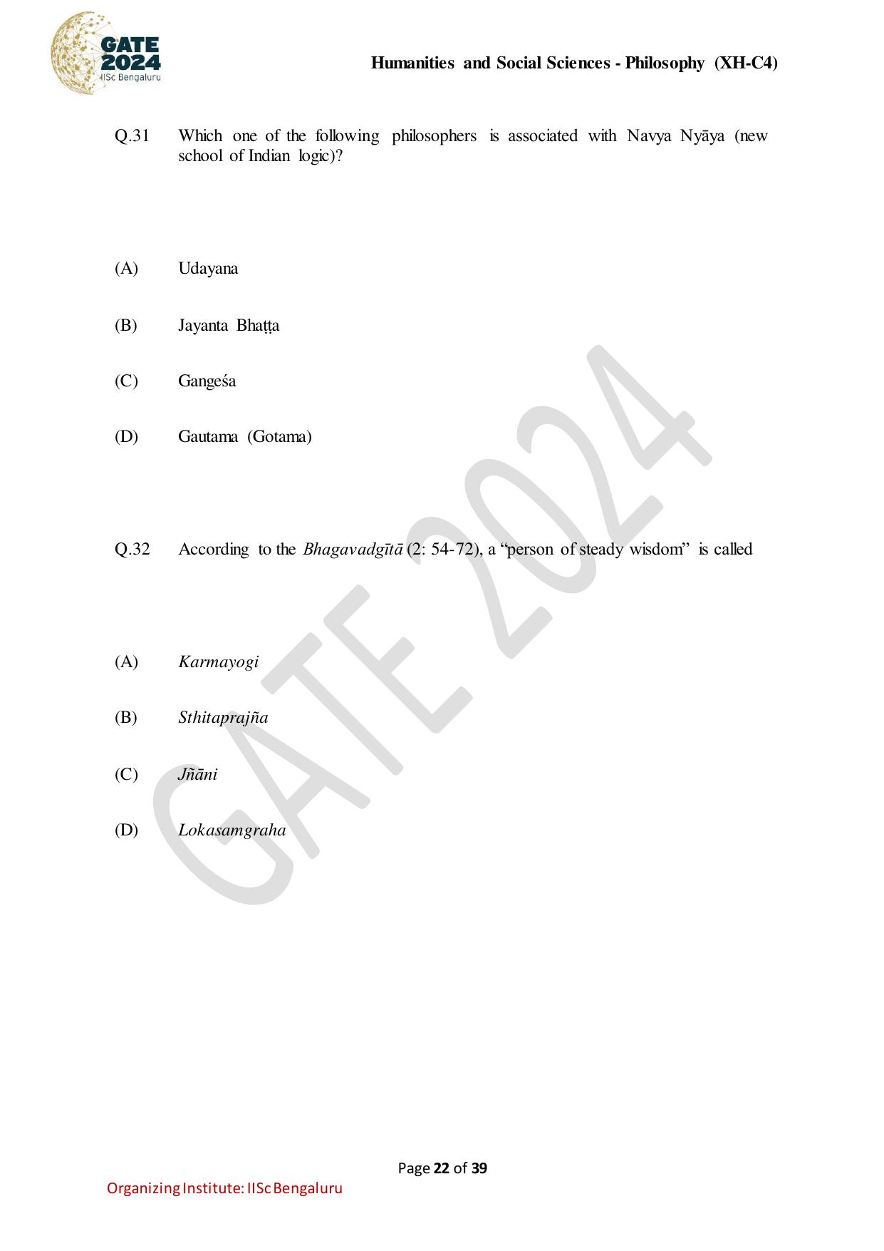 GATE 2024 Humanities & Social Sciences - Philosophy (XH-C4) Question Paper - Page 22