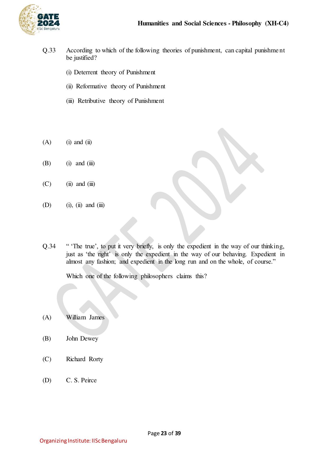 GATE 2024 Humanities & Social Sciences - Philosophy (XH-C4) Question Paper - Page 23
