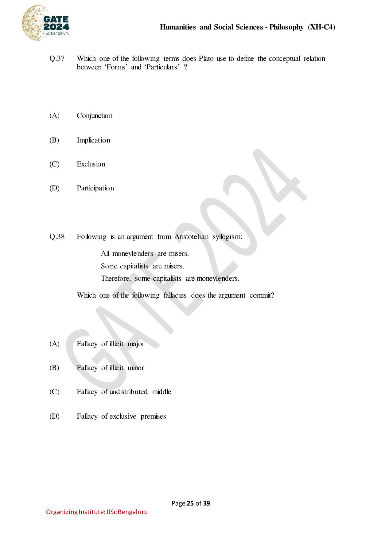 GATE 2024 Humanities & Social Sciences - Philosophy (XH-C4) Question Paper - Page 25