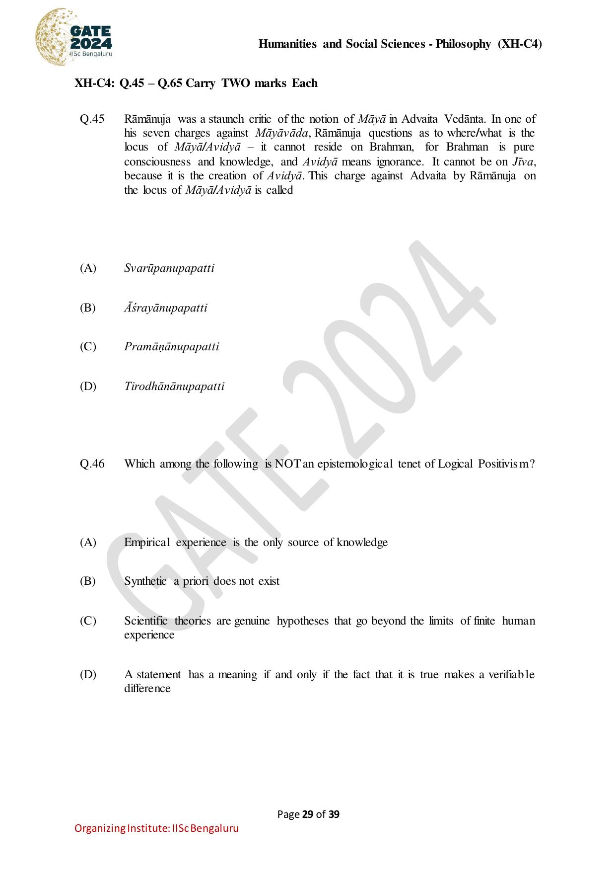 GATE 2024 Humanities & Social Sciences - Philosophy (XH-C4) Question Paper - Page 29