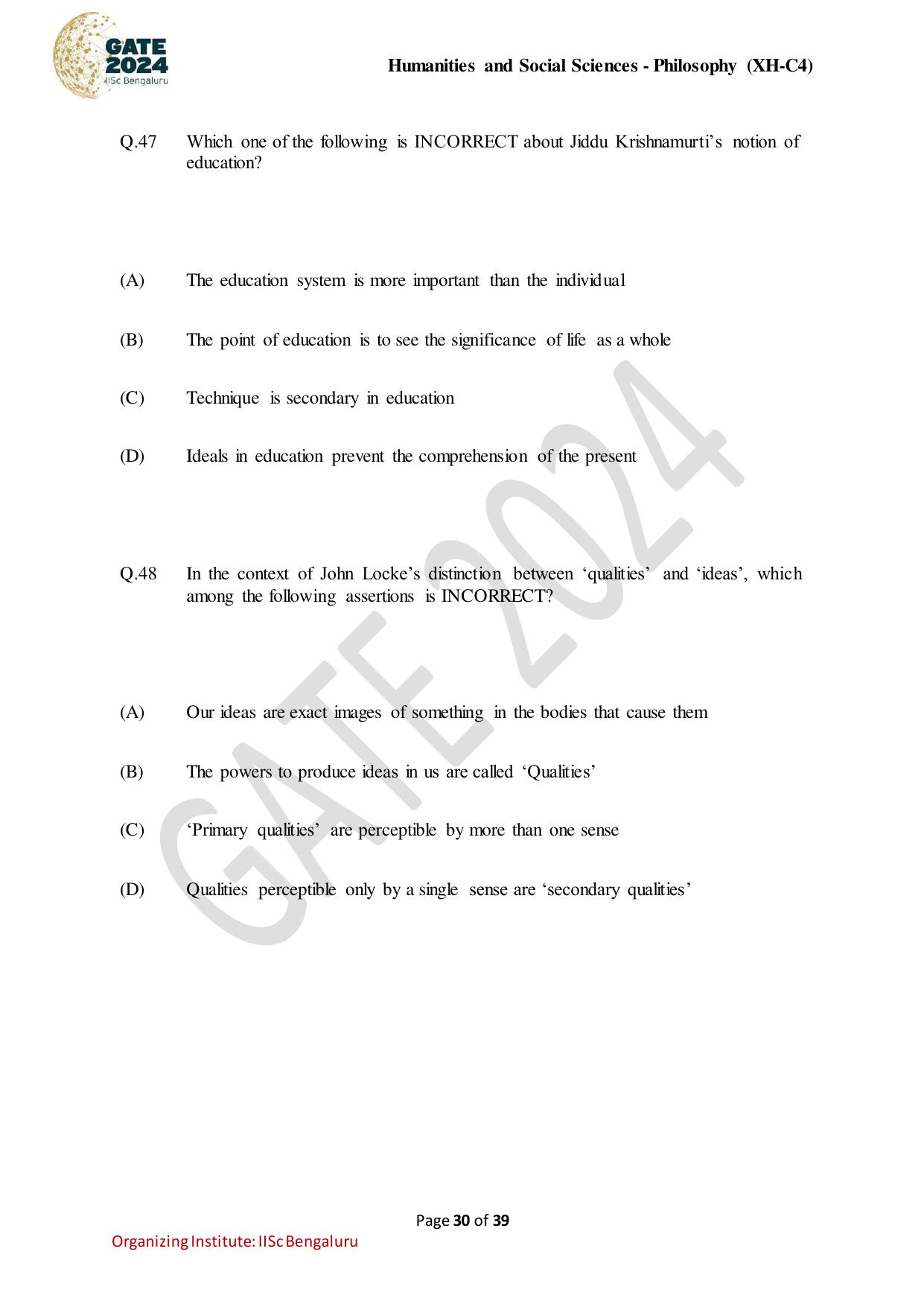 GATE 2024 Humanities & Social Sciences - Philosophy (XH-C4) Question Paper - Page 30