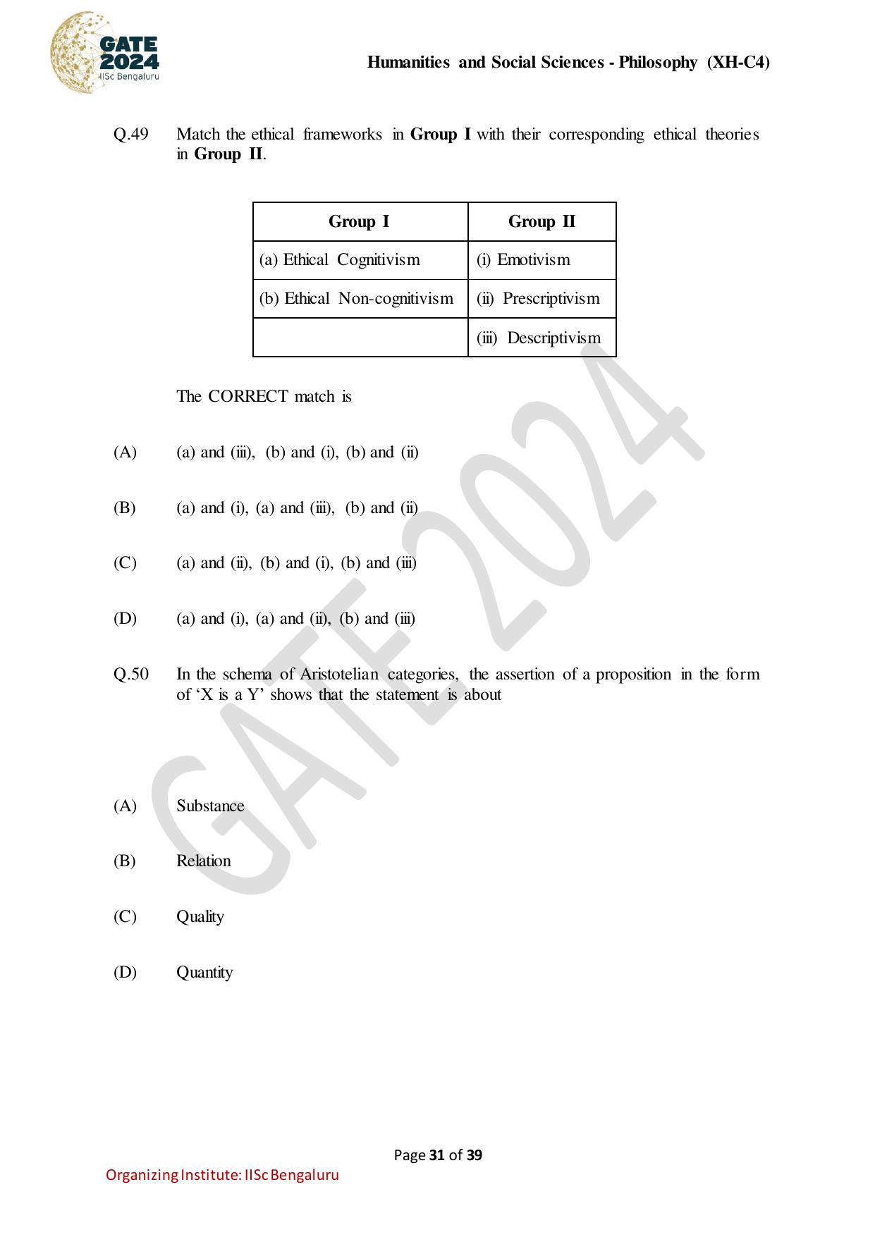 GATE 2024 Humanities & Social Sciences - Philosophy (XH-C4) Question Paper - Page 31
