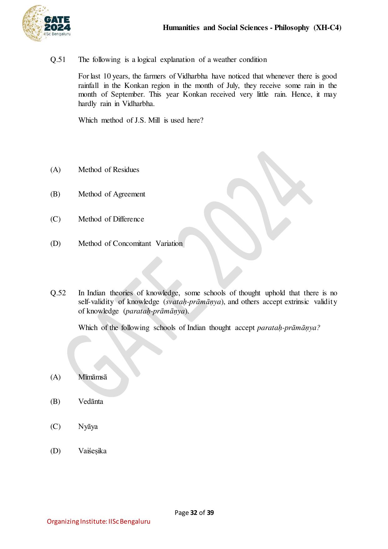 GATE 2024 Humanities & Social Sciences - Philosophy (XH-C4) Question Paper - Page 32