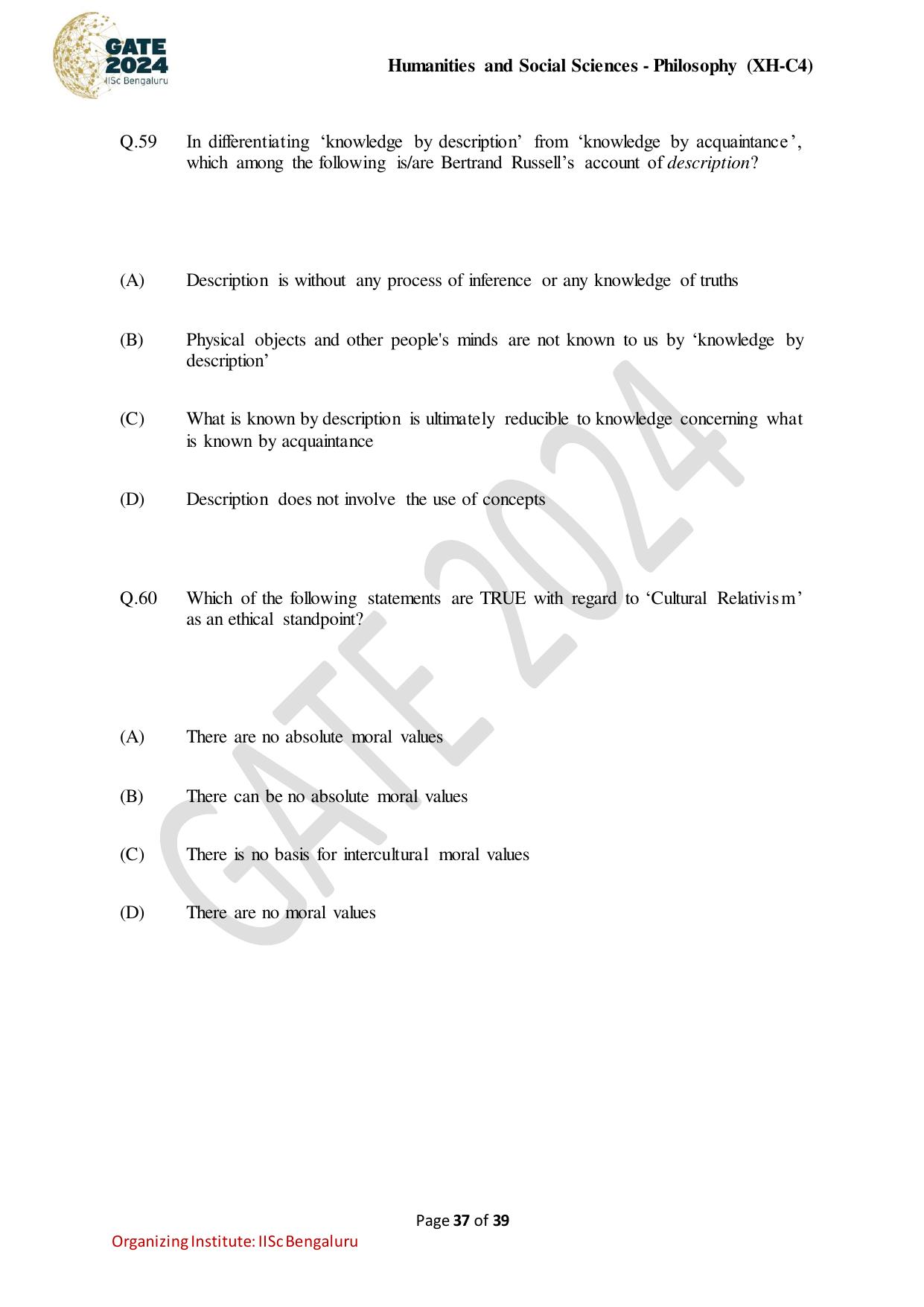 GATE 2024 Humanities & Social Sciences - Philosophy (XH-C4) Question Paper - Page 37