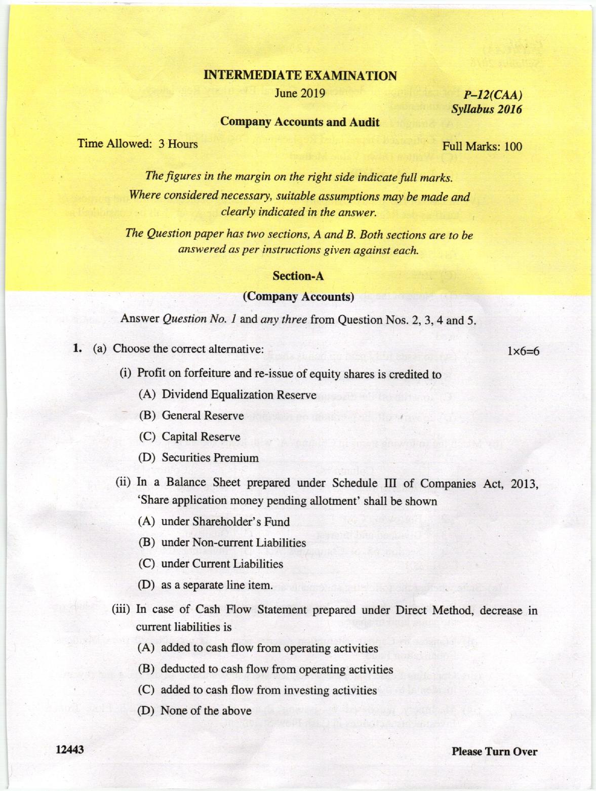 ICMAI June 2019 Company Accounts and Audit Question Paper - Page 1