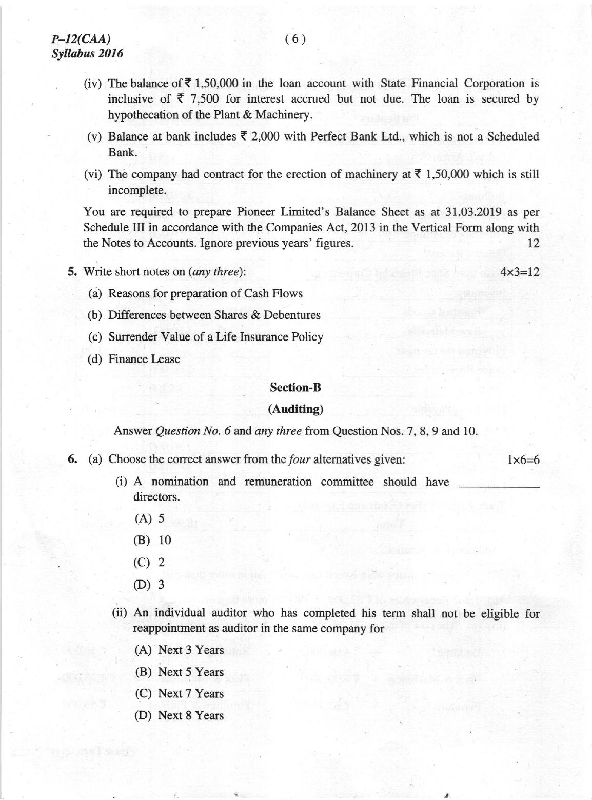 ICMAI June 2019 Company Accounts and Audit Question Paper - Page 6