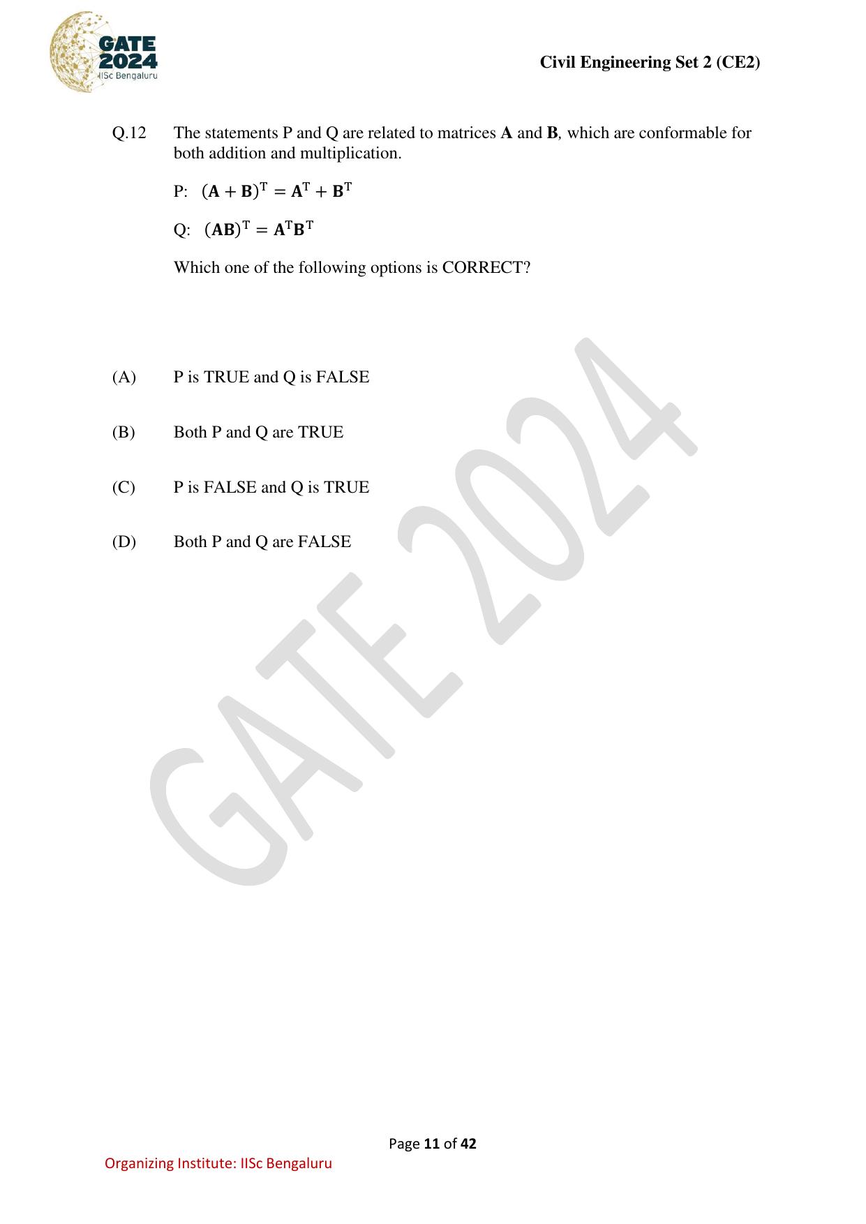 GATE 2024 Civil Engineering (CE-2) (Afternoon) Question Paper - Page 11