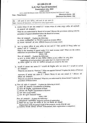 Bilaspur University Question Paper July 2022: LL.B. Part Two(II Sem.)(Land Laws)(C.G.Land Revenue Code 1959 And Indian registration act 1908) Paper 1