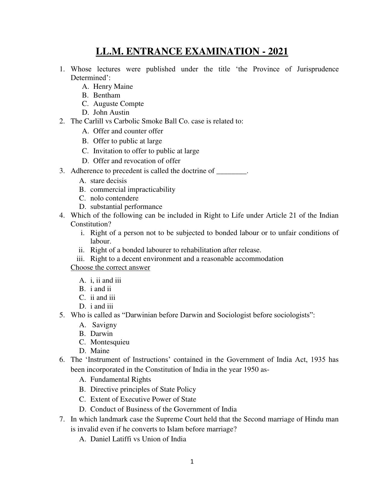Odisha CPET 2021 LLM Question Paper - Page 1