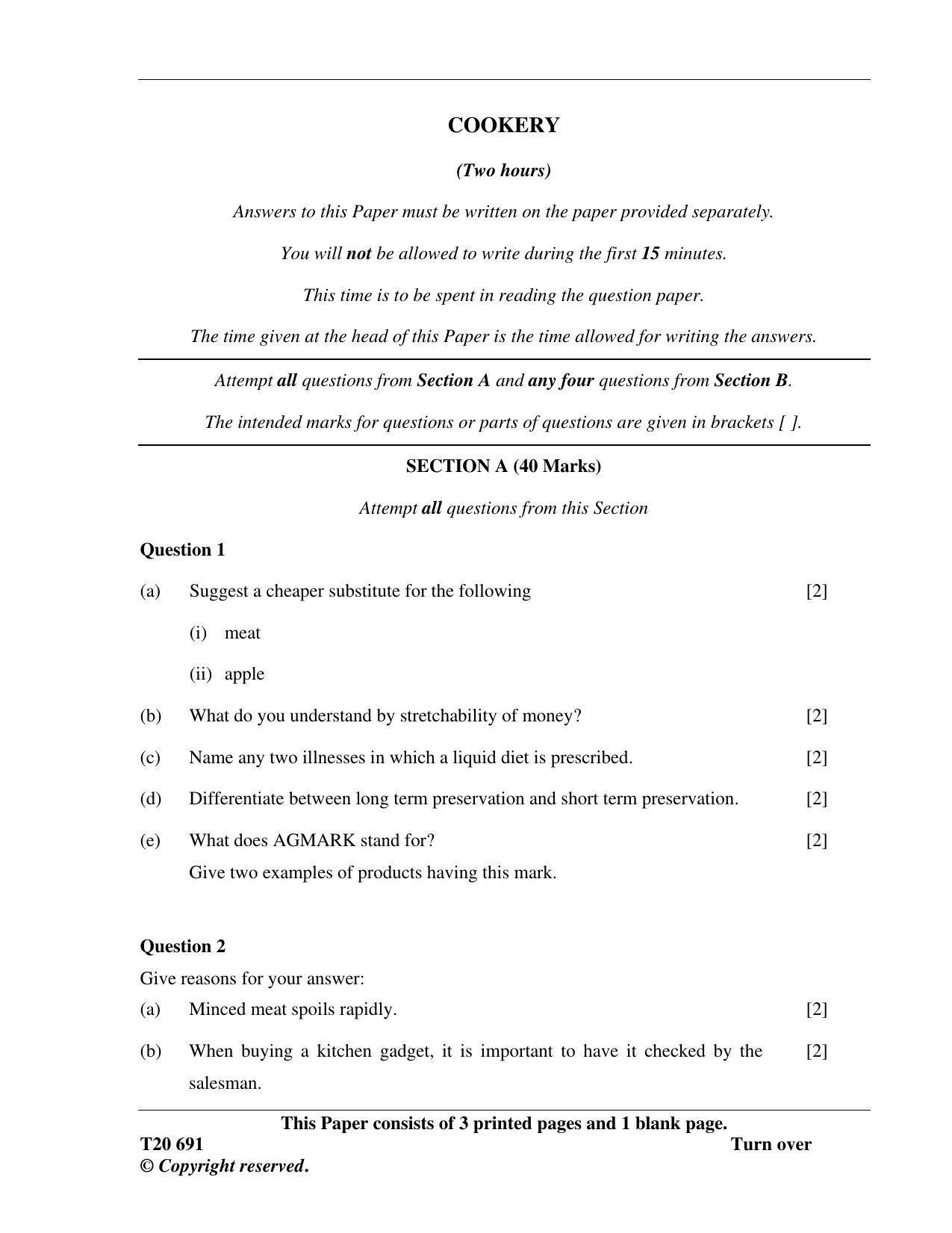 ICSE Class 10 Cookery 2020 Question Paper - Page 1
