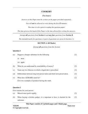 ICSE Class 10 Cookery 2020 Question Paper