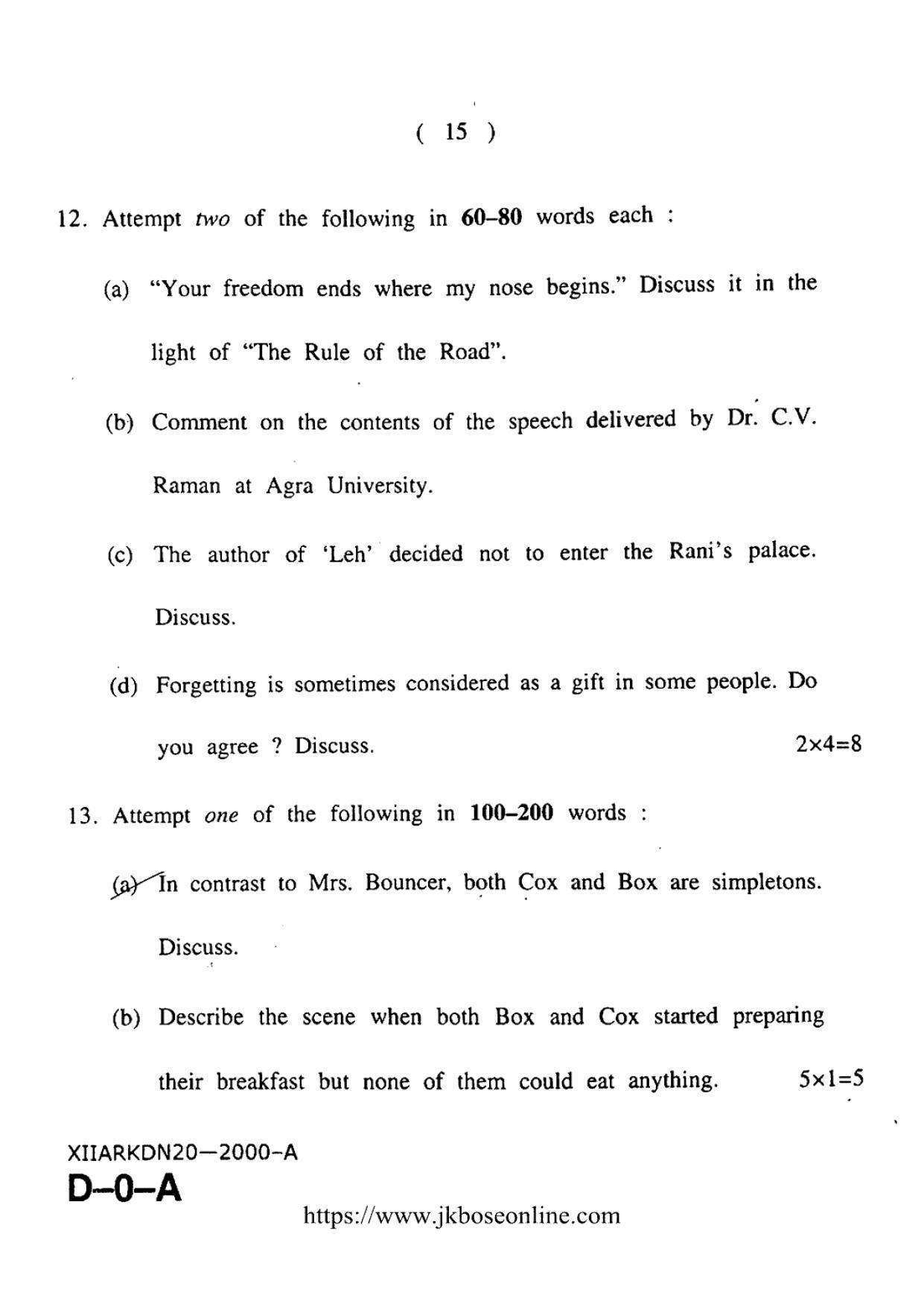 JKBOSE Class 12 English 2000-A Question Papers 2020 - Page 15