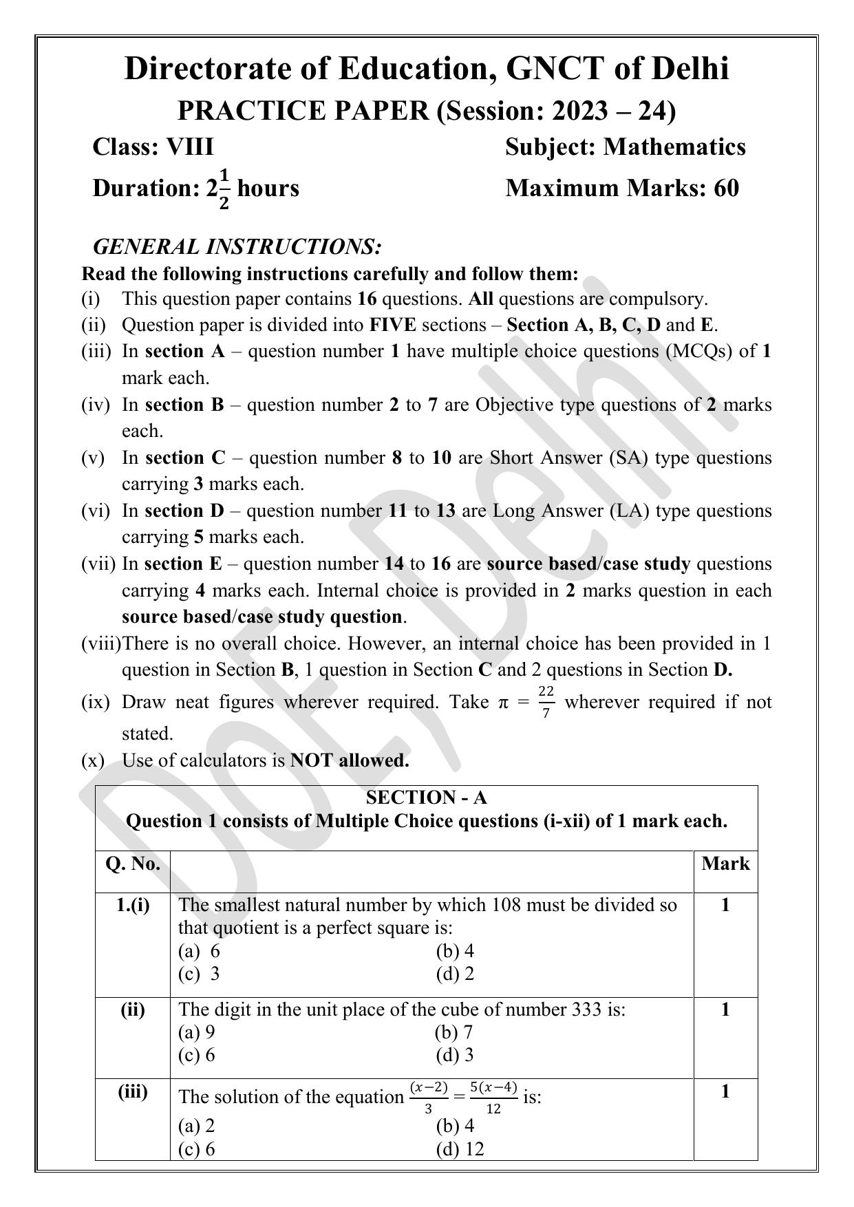 Edudel Class 8 Maths (English) Practice Papers-1 (2023-24) - Page 1