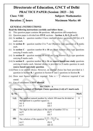 Edudel Class 8 Maths (English) Practice Papers-1 (2023-24)