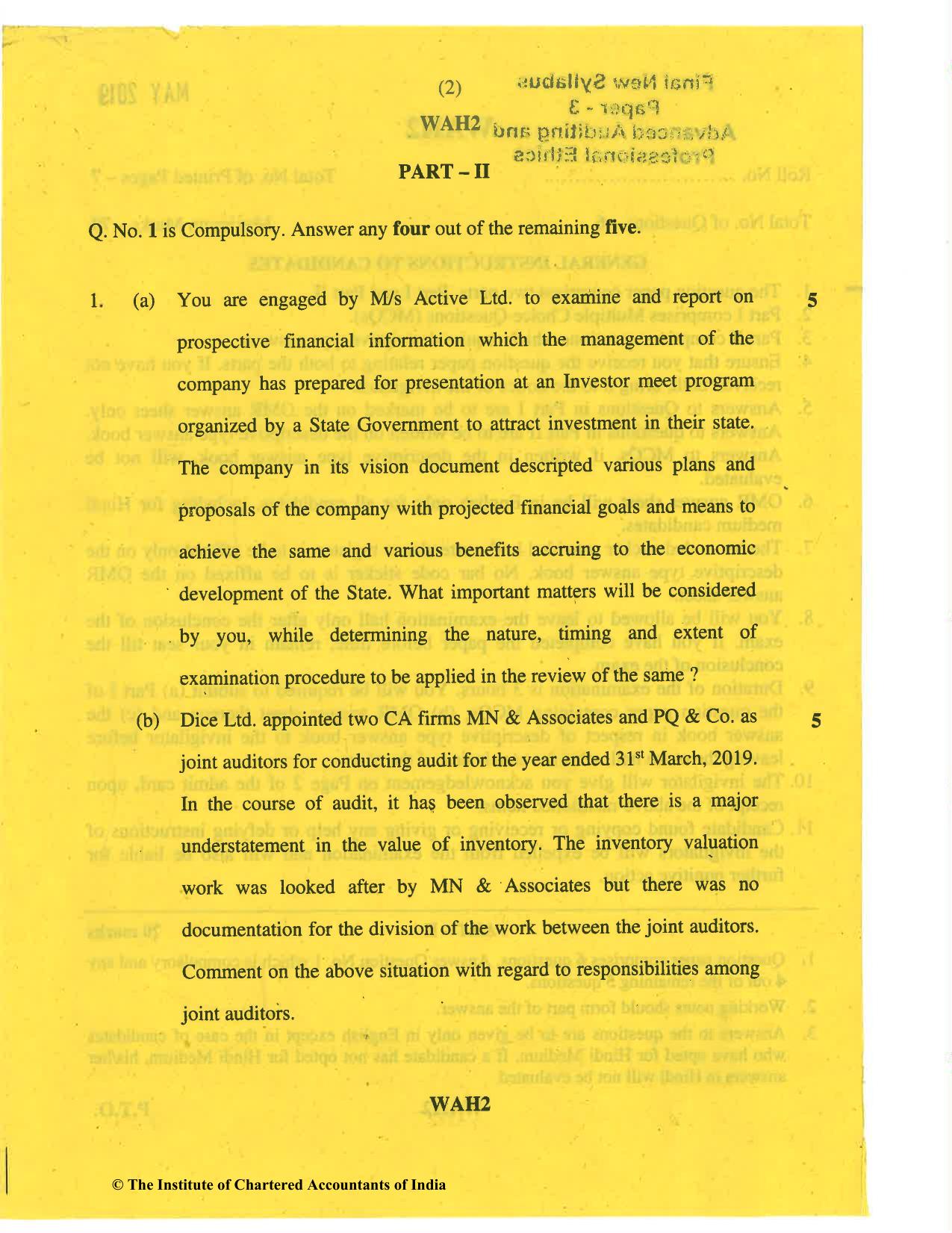 CA Final May 2019 Question Paper - Paper 3 – Advanced Auditing and Professional Ethics - Page 2