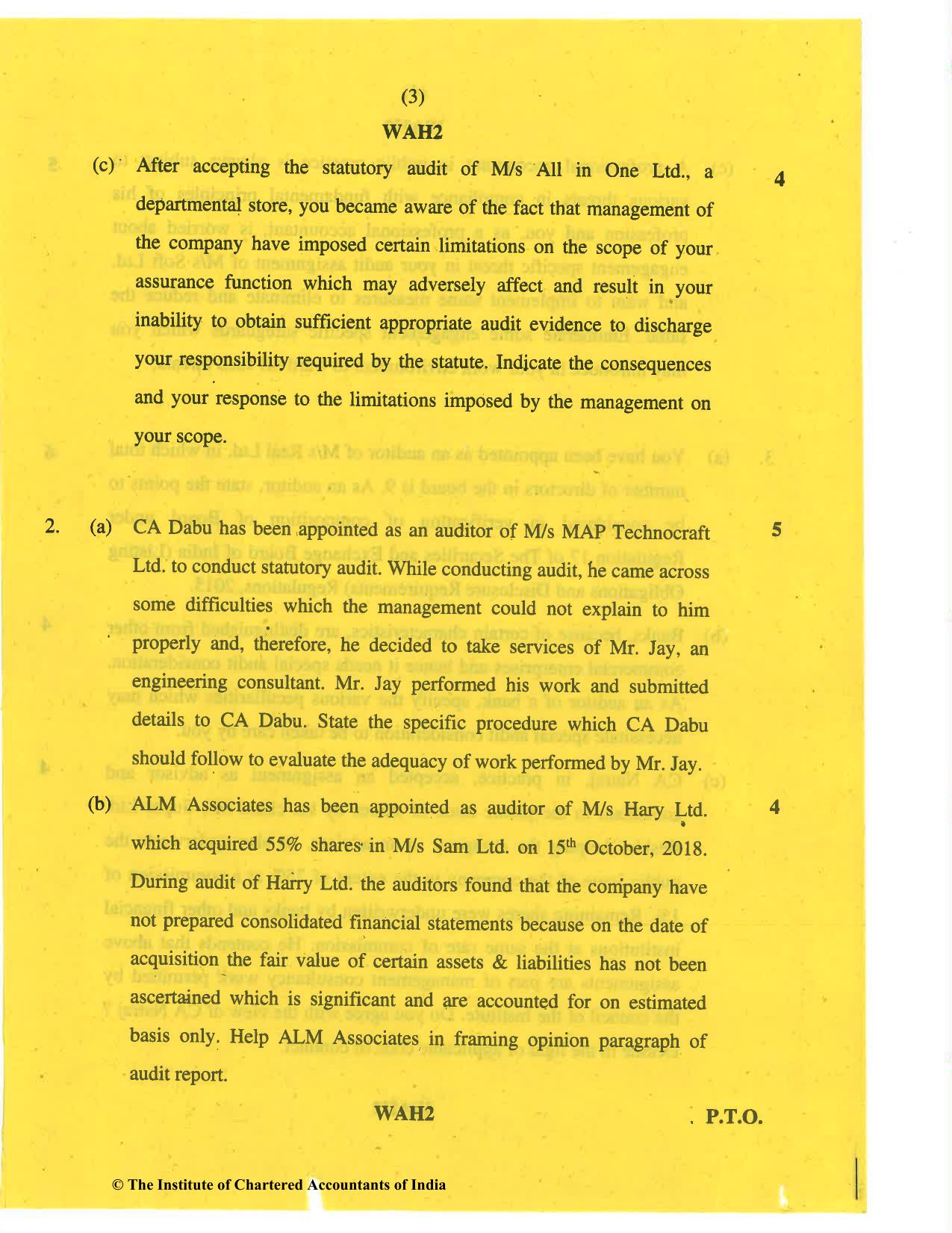 CA Final May 2019 Question Paper - Paper 3 – Advanced Auditing and Professional Ethics - Page 3