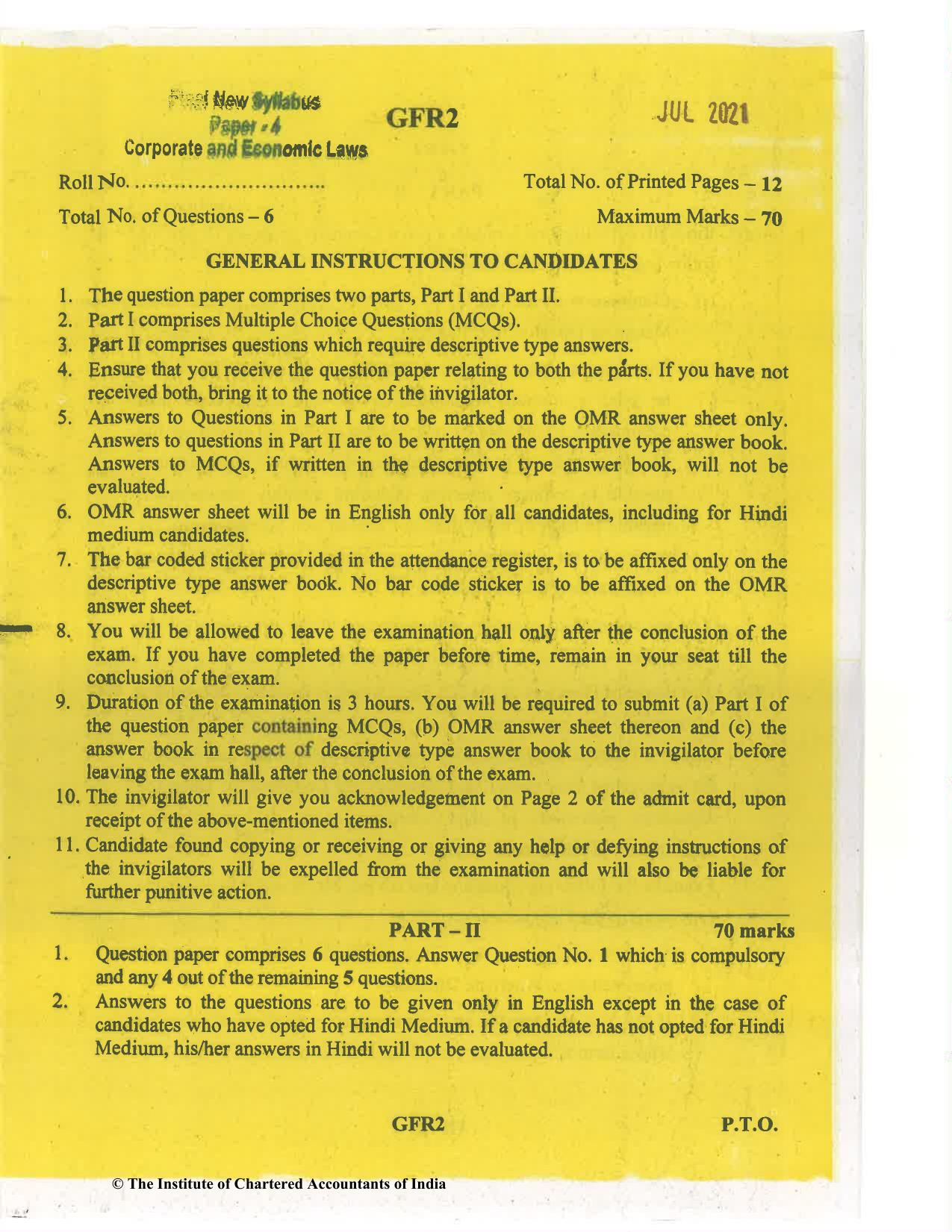 CA Final Jul 2021 Question Paper - Paper 4 – Corporate & Economic Laws - Page 1