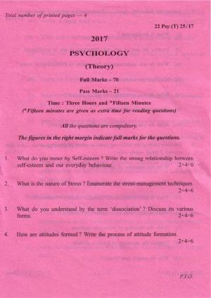 COHSEM Class 12 Psychology 2017 Question Papers