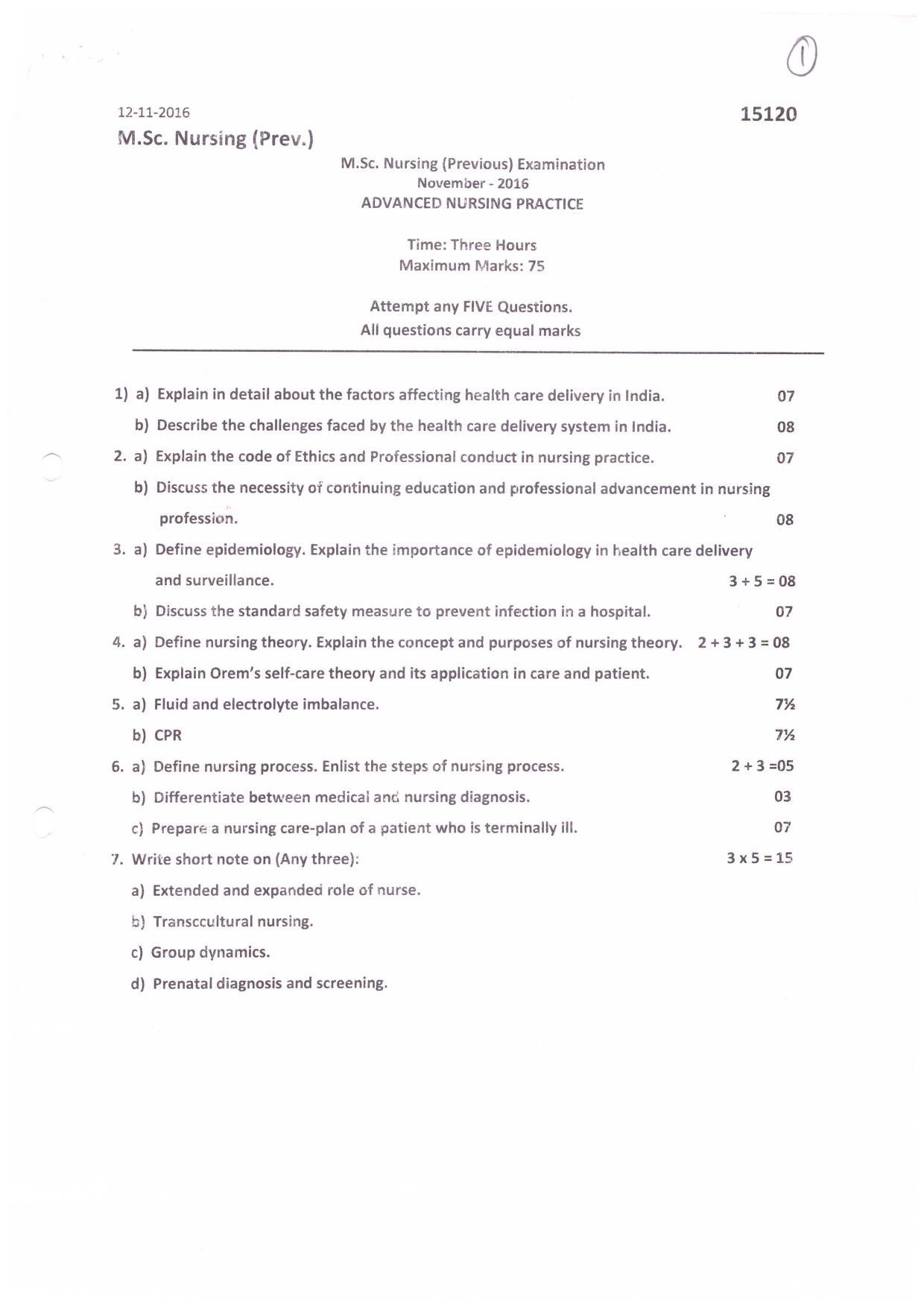 UHS M.Sc Nursing (Pervious) Nov.-2016 Question Paper - Page 1