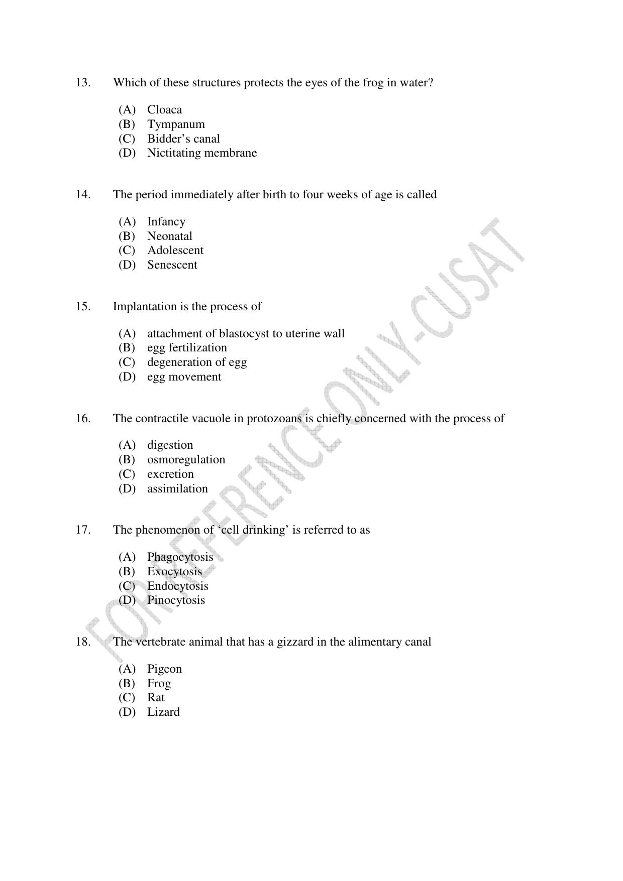 CUSAT CAT 2022 615 ZOOLOGY Question Paper - Page 3