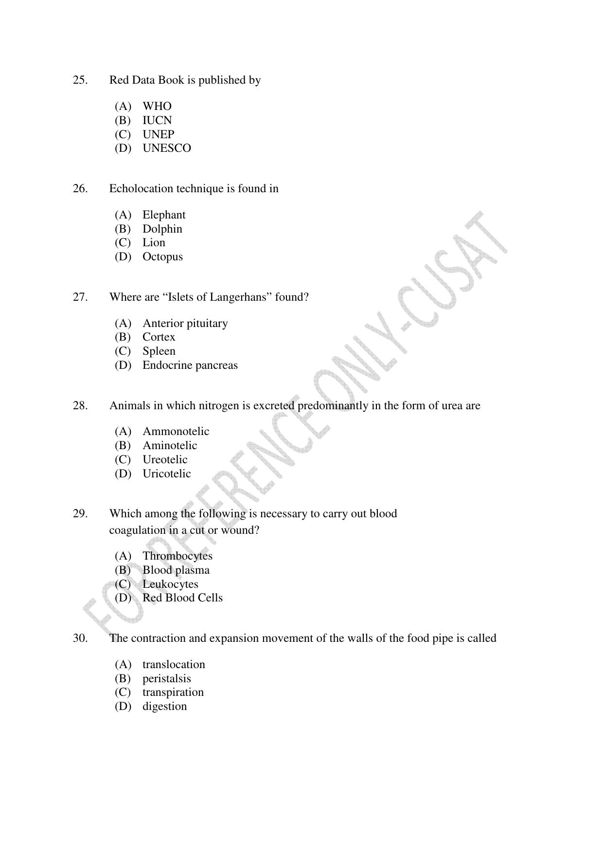CUSAT CAT 2022 615 ZOOLOGY Question Paper - Page 5