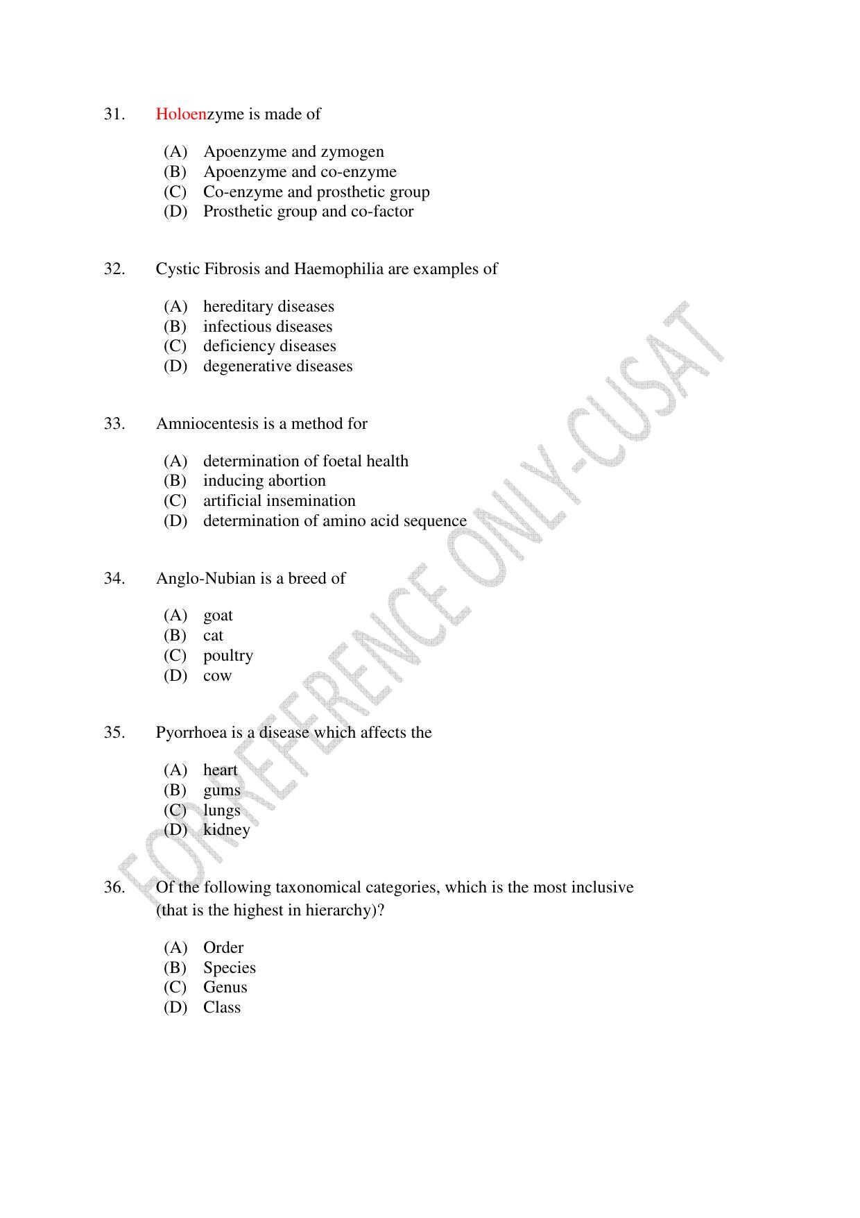 CUSAT CAT 2022 615 ZOOLOGY Question Paper - Page 6