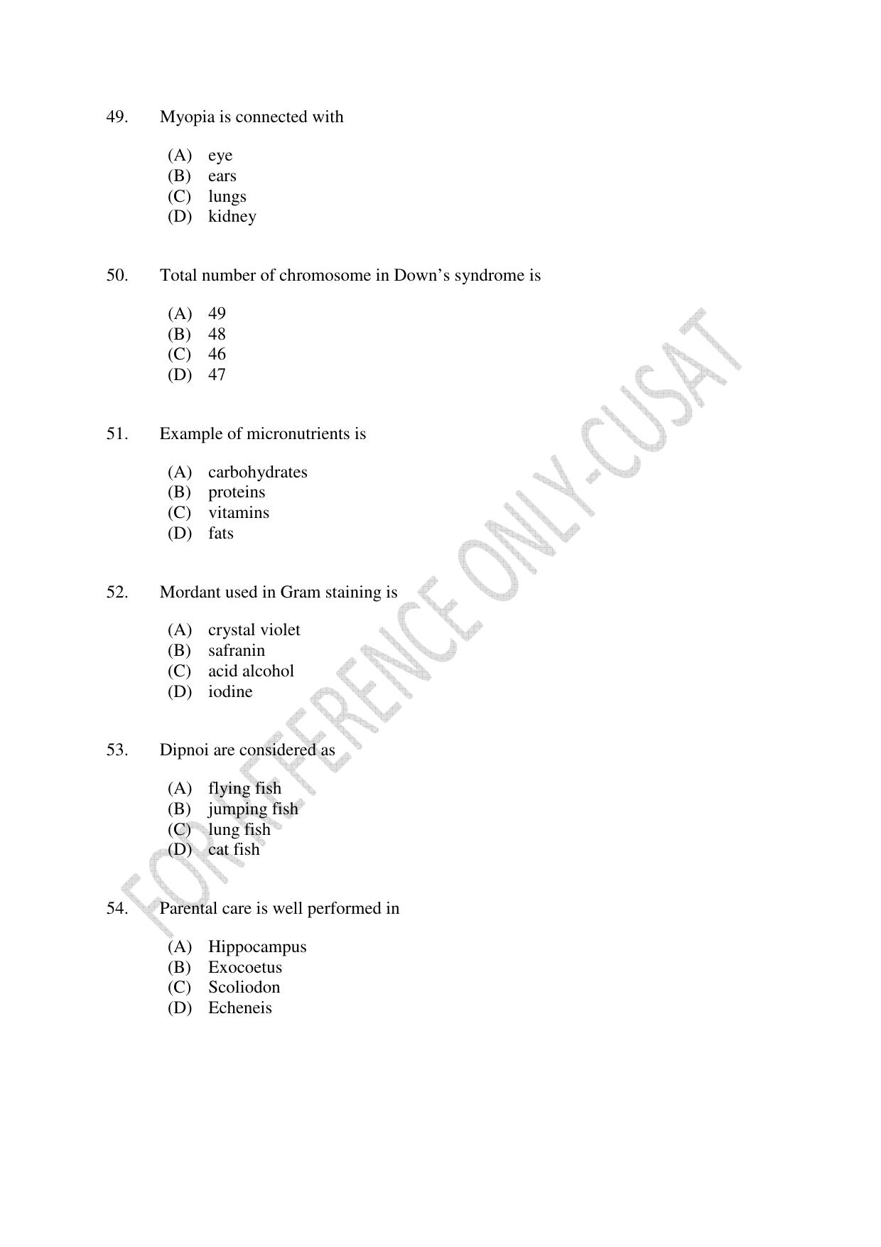 CUSAT CAT 2022 615 ZOOLOGY Question Paper - Page 9